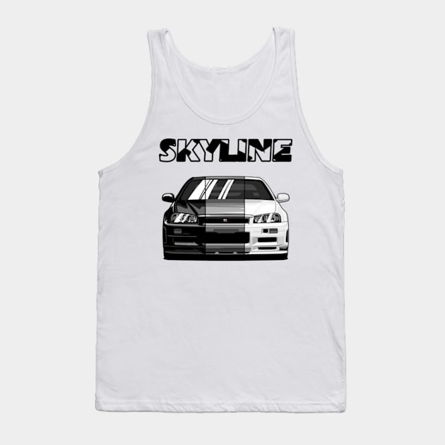 Nissan Skyline r34 GTR White Grey and Black, JDM Car Tank Top by T-JD